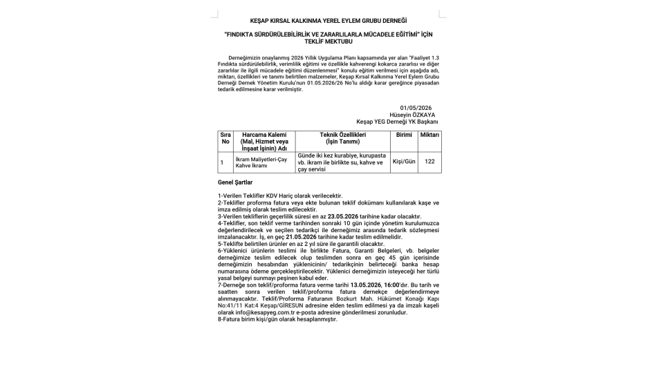 Faaliyet 1.3 FINDIKTA SÜRDÜRÜLEBİLİRLİK VE ZARARLILARLA MÜCADELE EĞİTİMİ” İÇİN TEKLİF MEKTUBU (İKRAM)