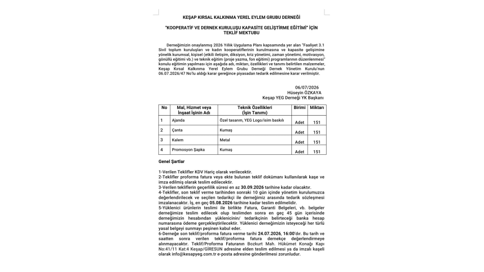 Faaliyet 3.1 “KOOPERATİF VE DERNEK KURULUŞU- KAPASİTE GELİŞTİRME EĞİTİMİ” GÖRÜNÜRLÜK TEKLİF MEKTUBU